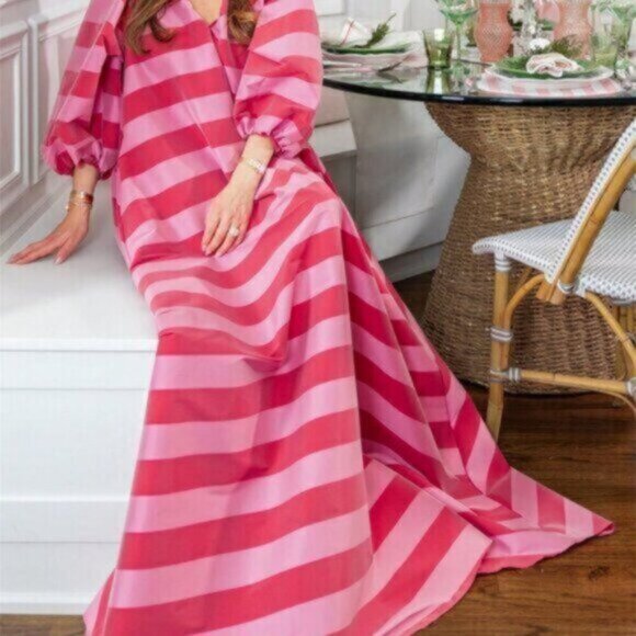 Pink Red Casual Women's V-Neck Striped Maxi Dress - Picture 7 of 7